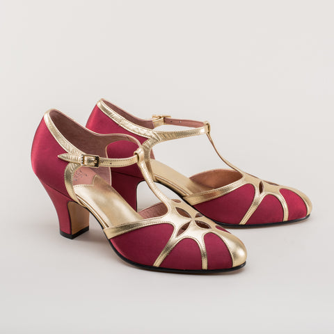 Lilith Women's Vintage Flapper T-Straps (Burgundy/Gold) – American Duchess